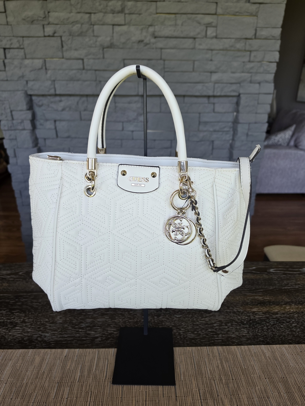 GUESS White Quilted Leather Tote Bag with Silver Hardware